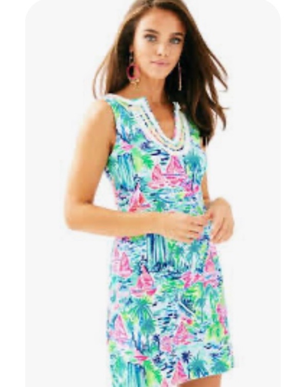 Lilly Pulitzer Sleeveless V-Neck Tropical Print Coverup — Pink & Green & Blue